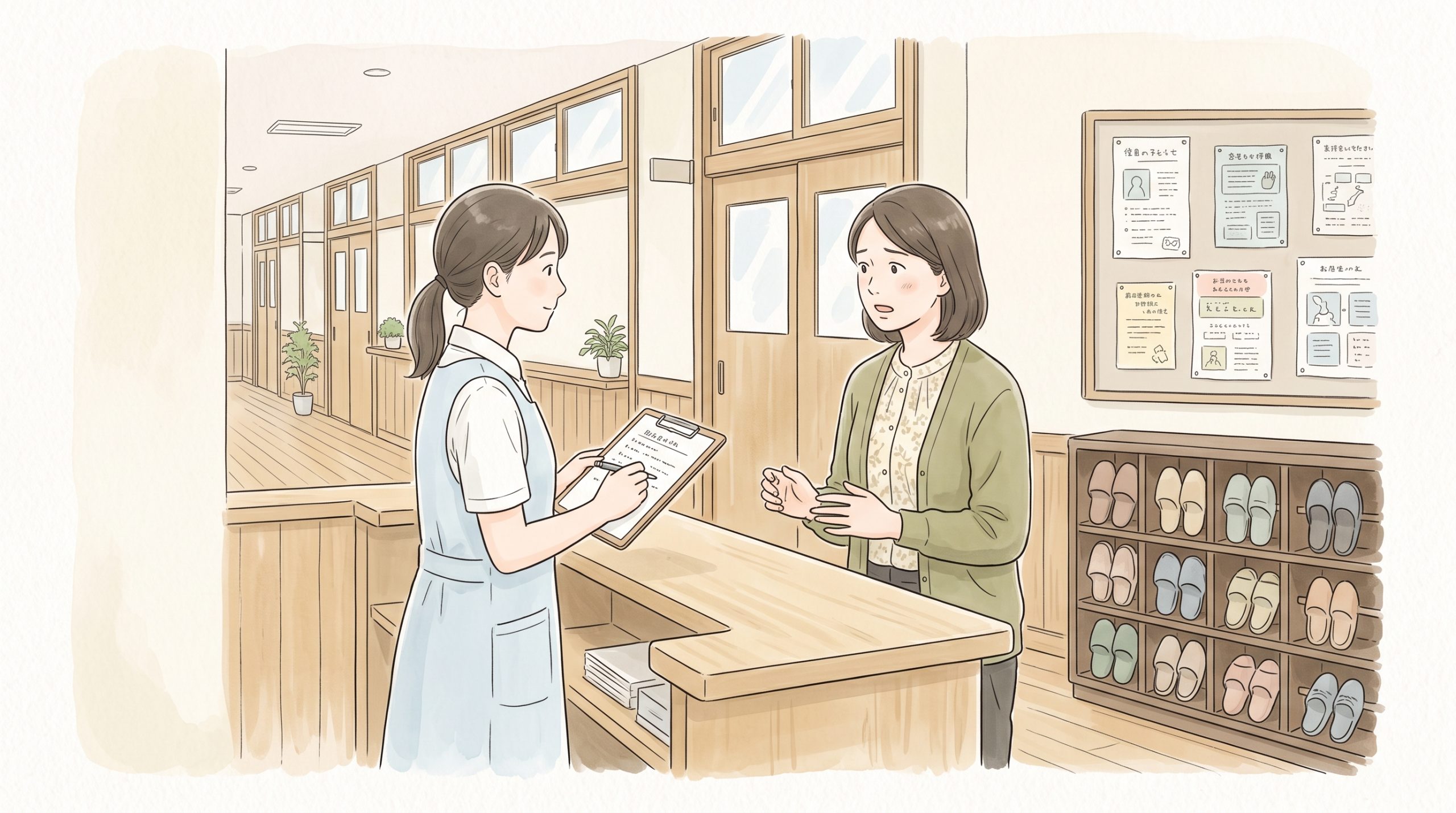 学校の受付カウンターで、保護者と教員が立ったまま欠席連絡の方法について話している場面