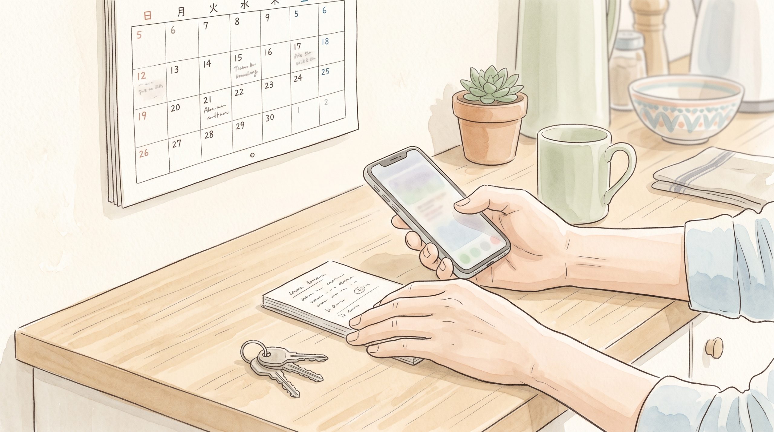 壁掛けカレンダーの前で、スマートフォンとメモ帳を手にしている手元のアップ