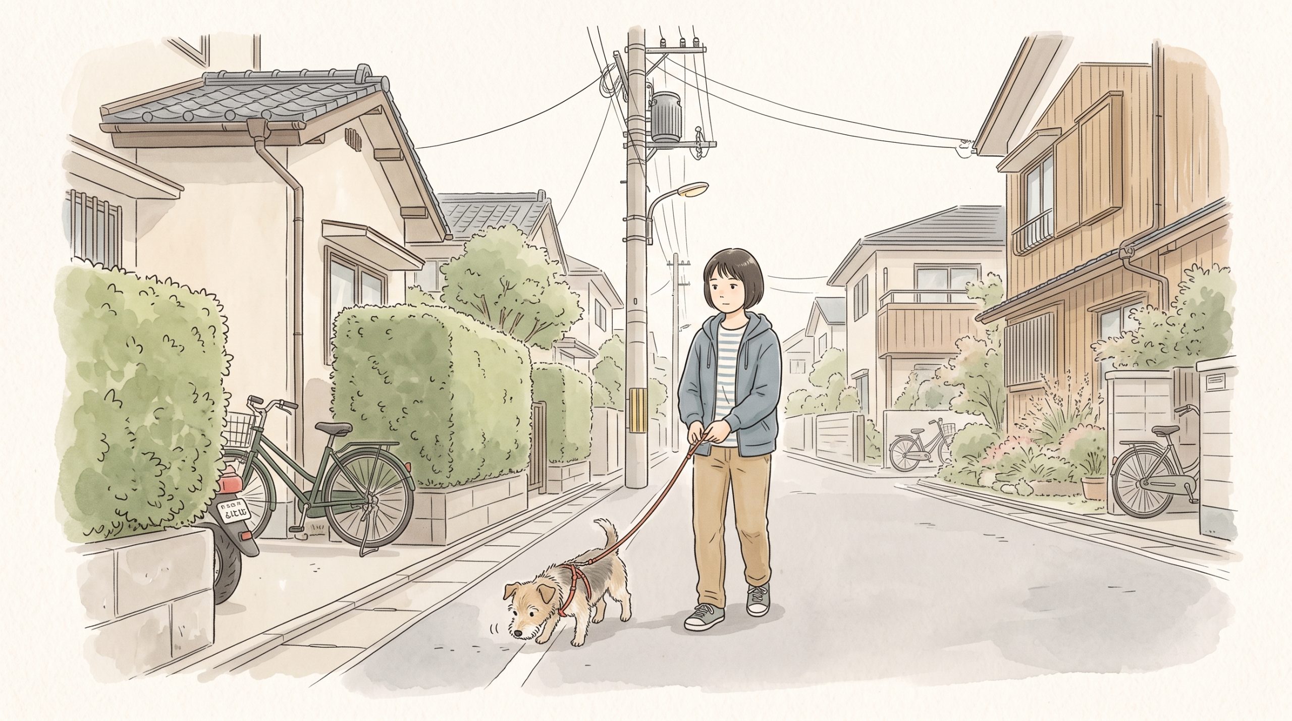 私服の中学生が住宅街の歩道で小型犬のリードを持って散歩している様子