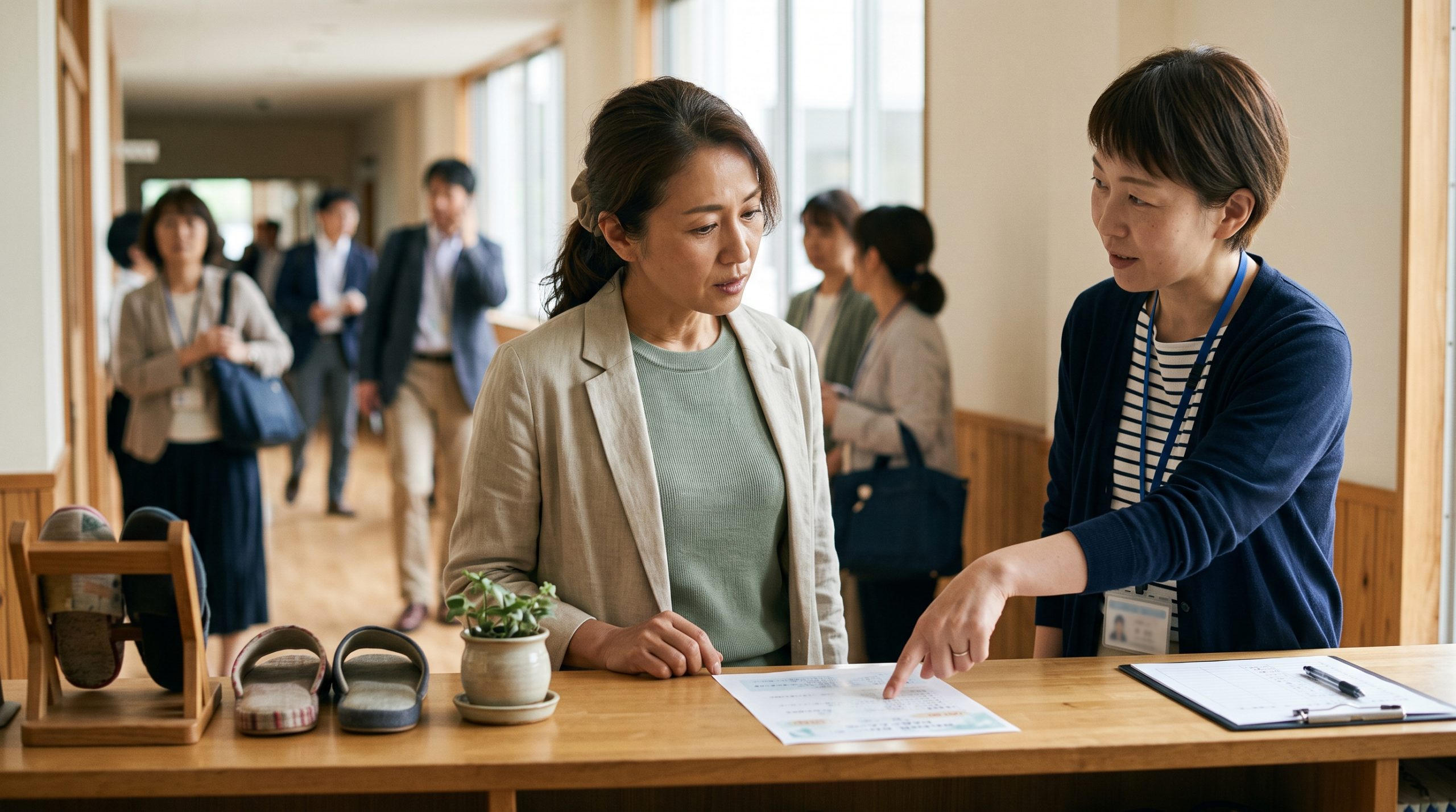 高校の受付カウンターで、保護者が教員から入試の資料について説明を受けている様子