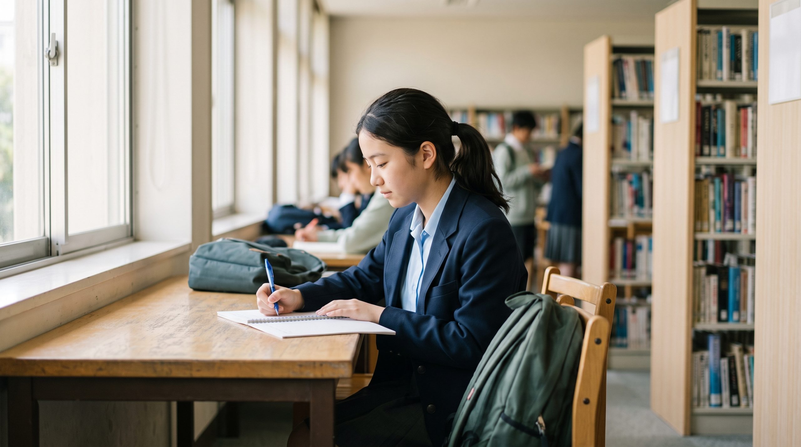 図書館の窓際の席で、制服姿の中学生がノートに向かって作文の下書きをしている様子