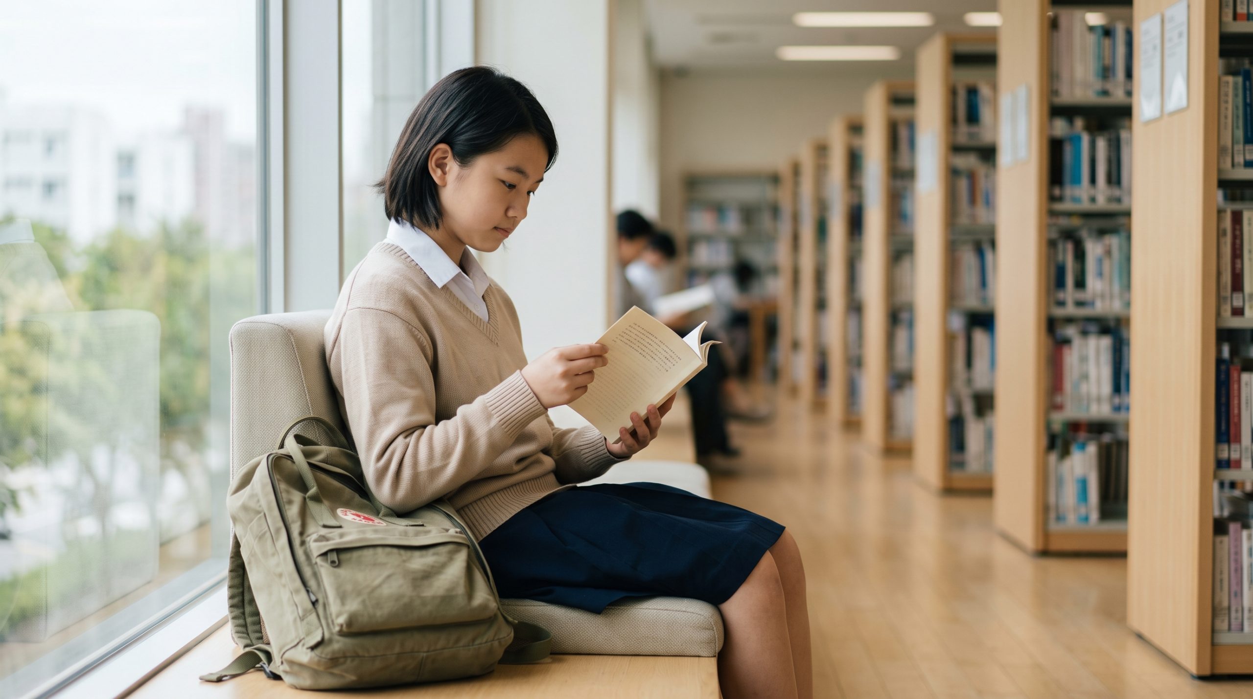 図書館の窓際の席で、資料をめくりながら静かに過ごす制服姿の中学生。