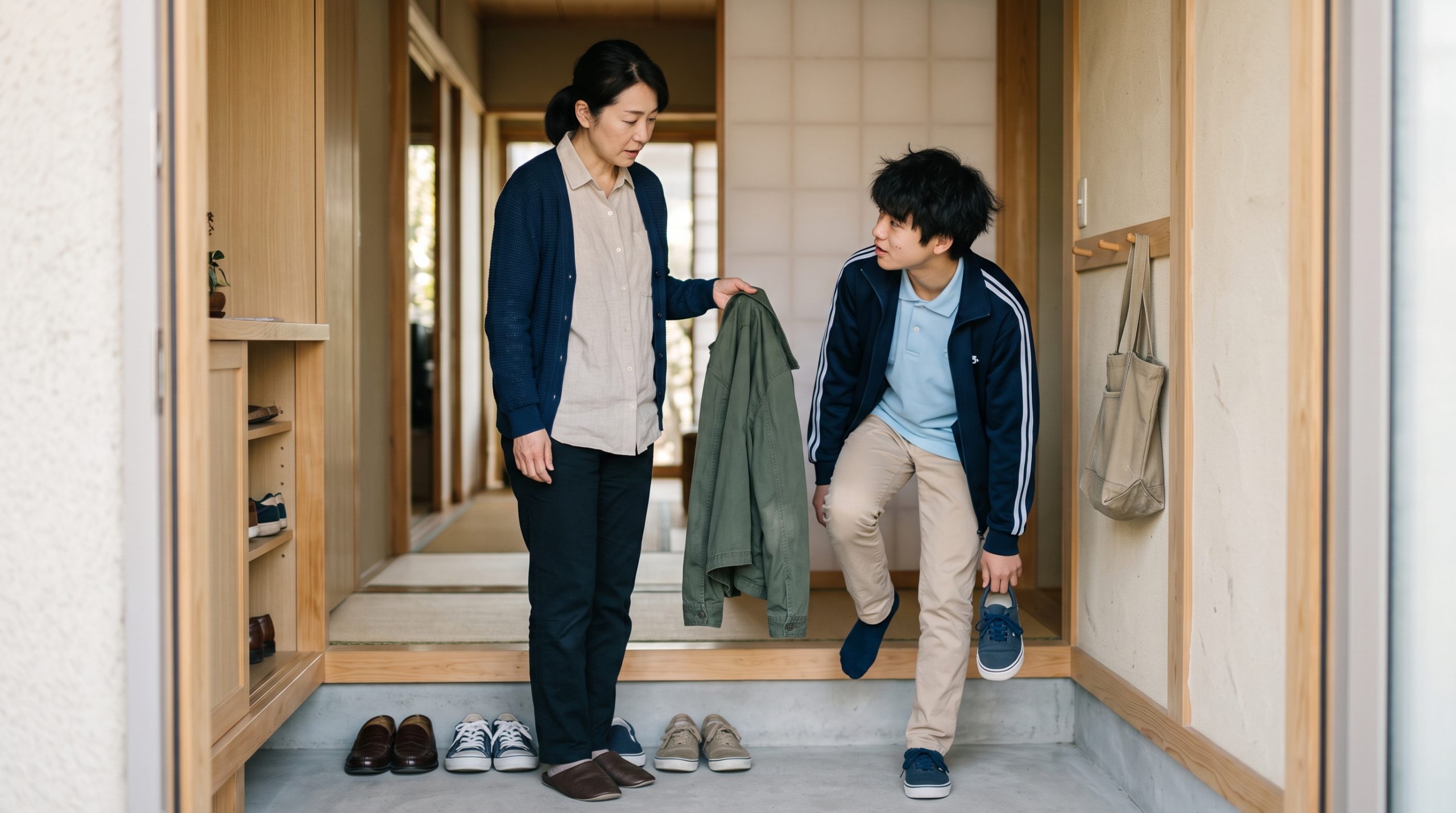 自宅の玄関で、外出前の中学生に上着を渡しながら言葉をかける保護者の姿。