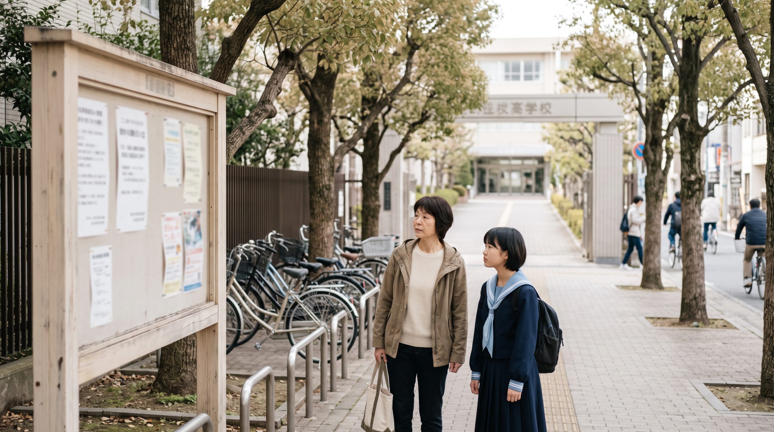 私立高校の校門前で、案内板を見ながら立ち止まる保護者と制服の中学生。2026年度の授業料無償化を見据えた学校見学の場面。