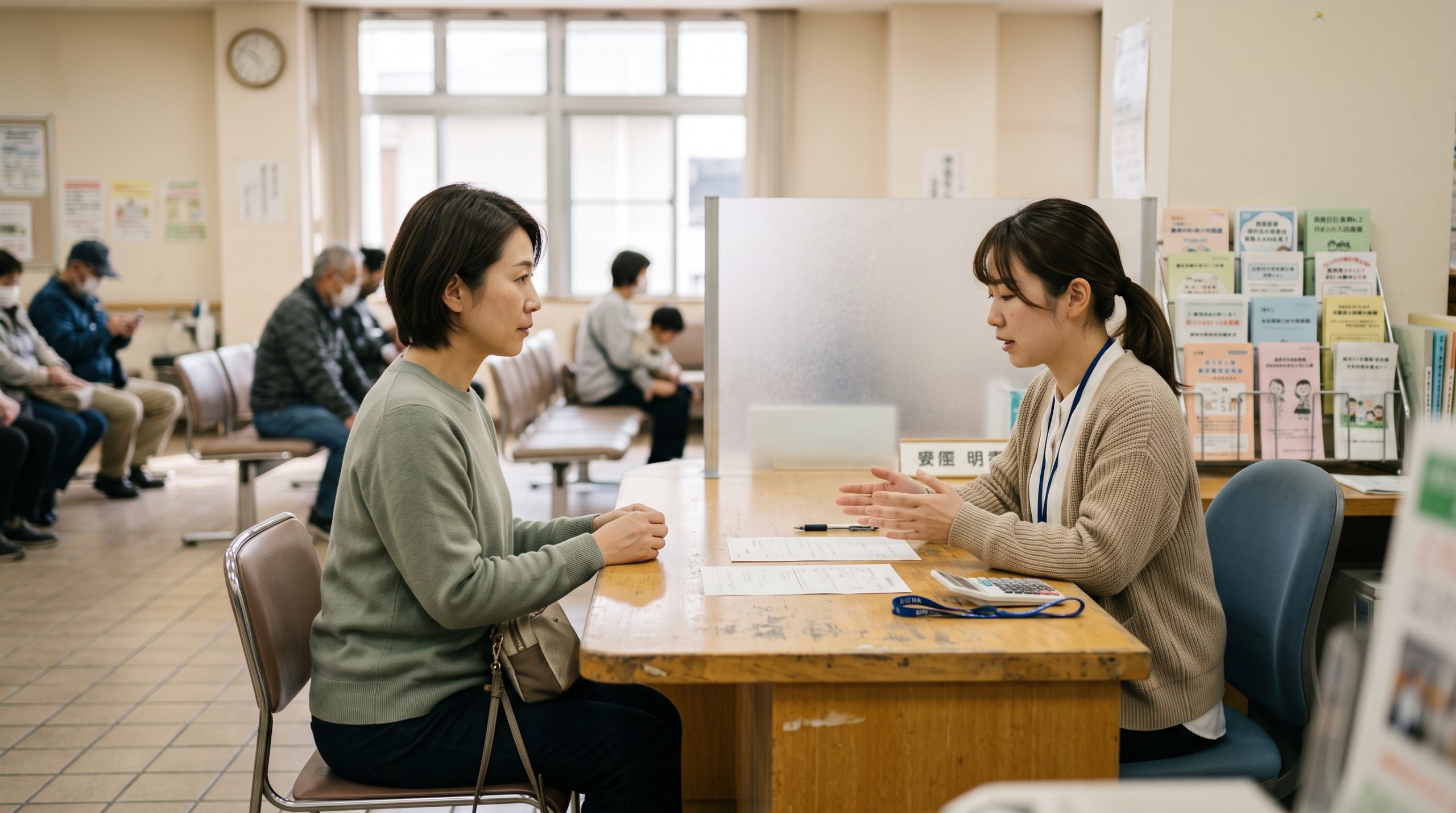 市の相談窓口のカウンターで、職員と向かい合って相談する保護者の様子