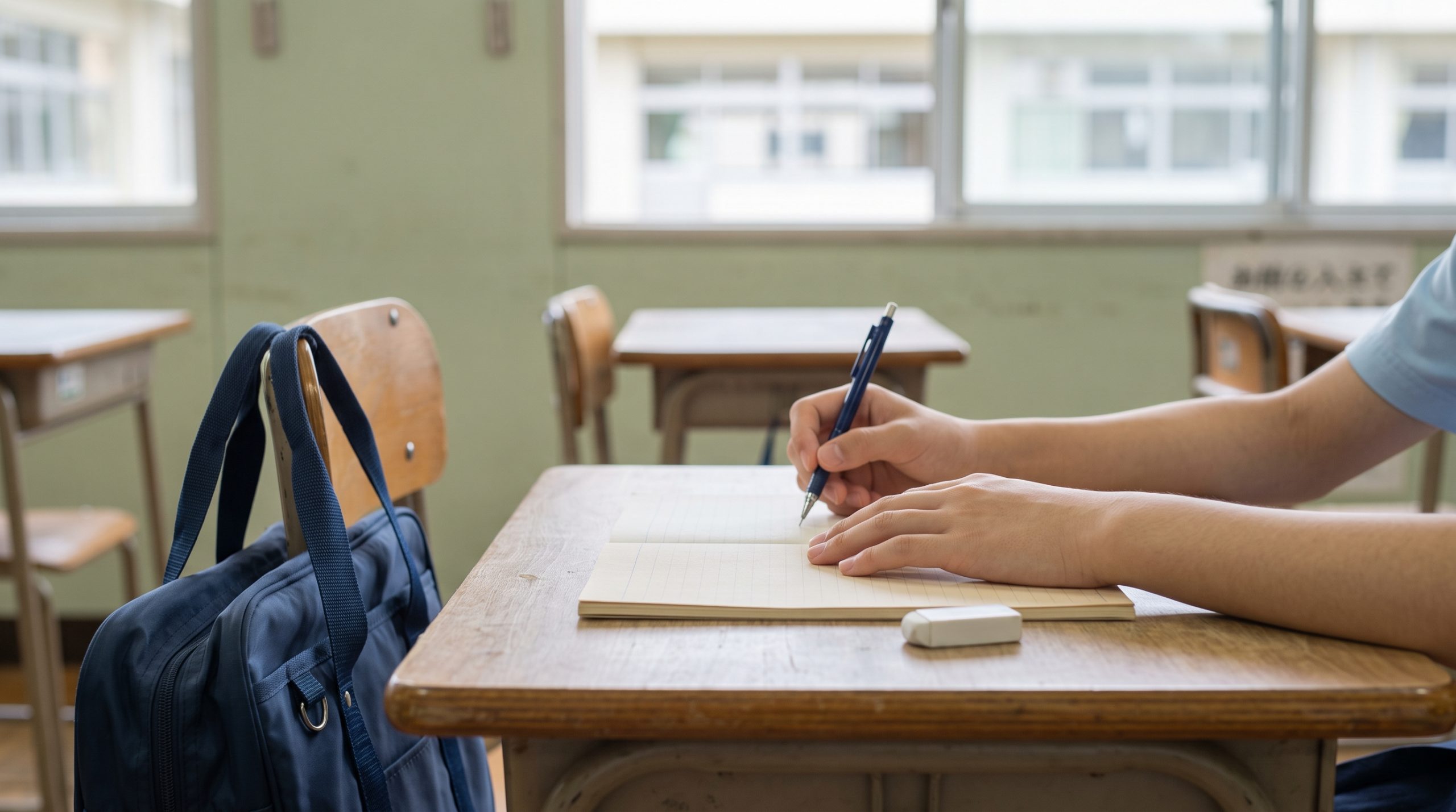 机の上のノートと筆記用具、椅子に掛けられた通学カバンを手元だけ写した様子