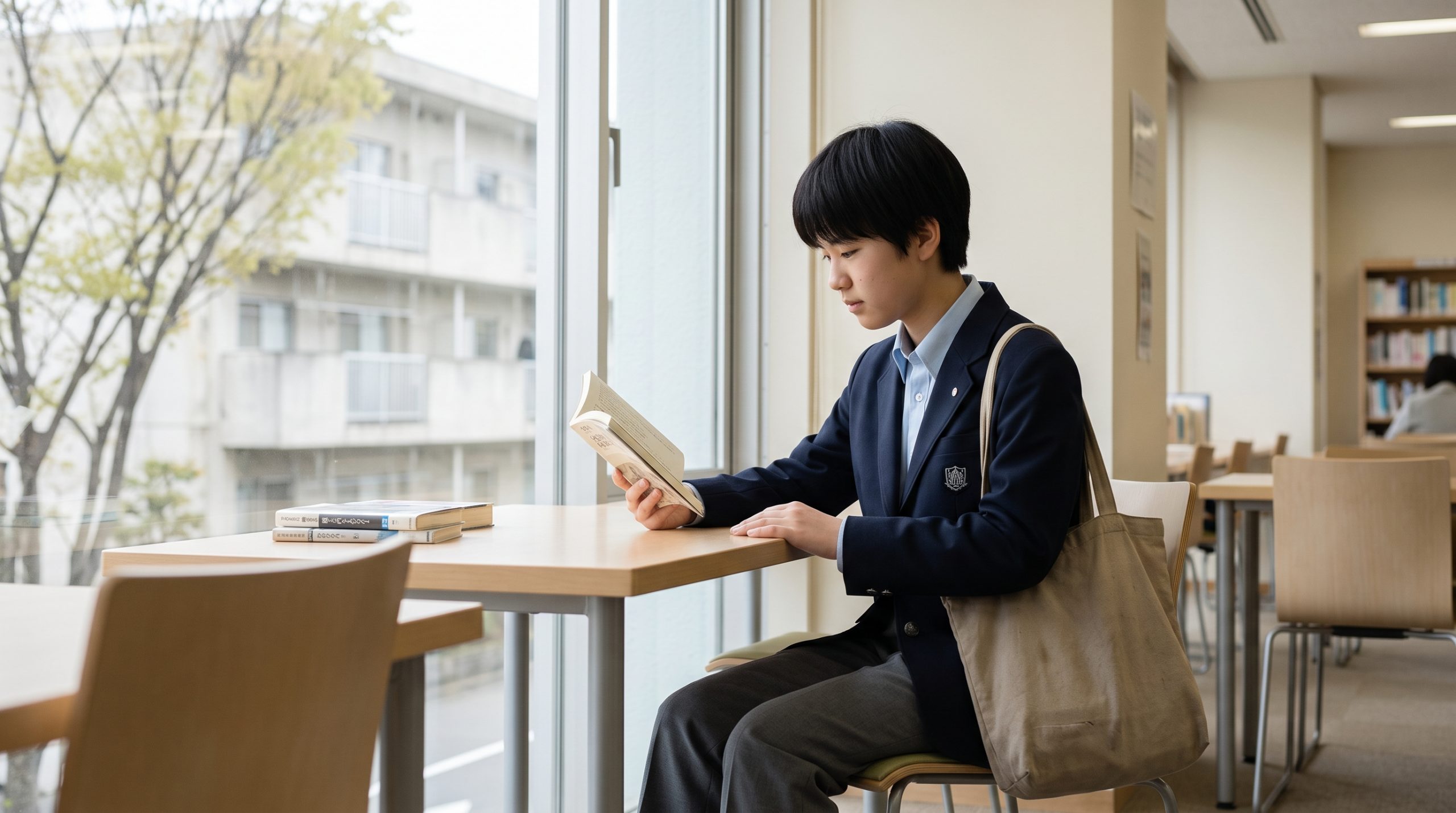 図書館の窓際の席で本を読んでいる中学生の様子