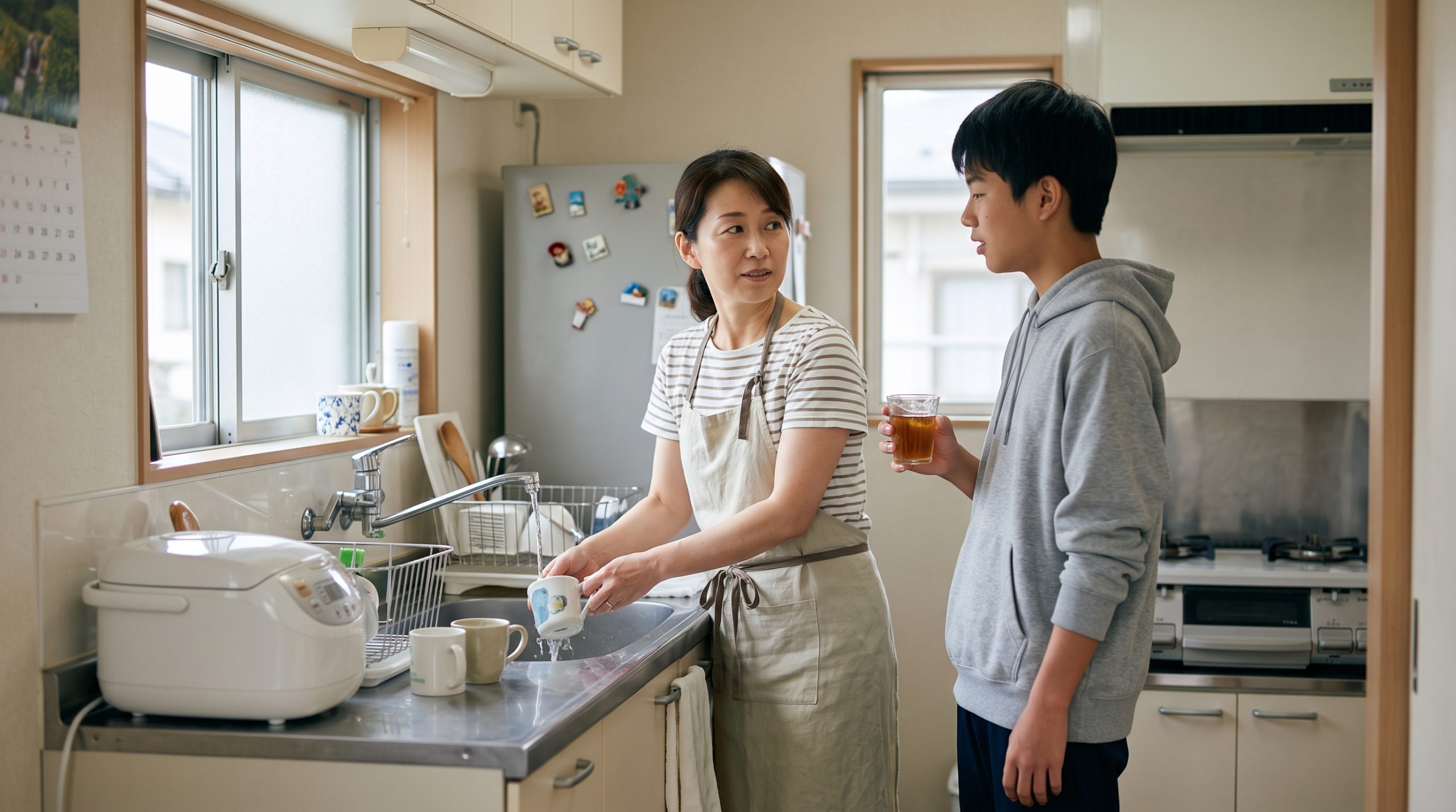 自宅の台所で、立ったまま中学生と短く言葉を交わす母親の様子