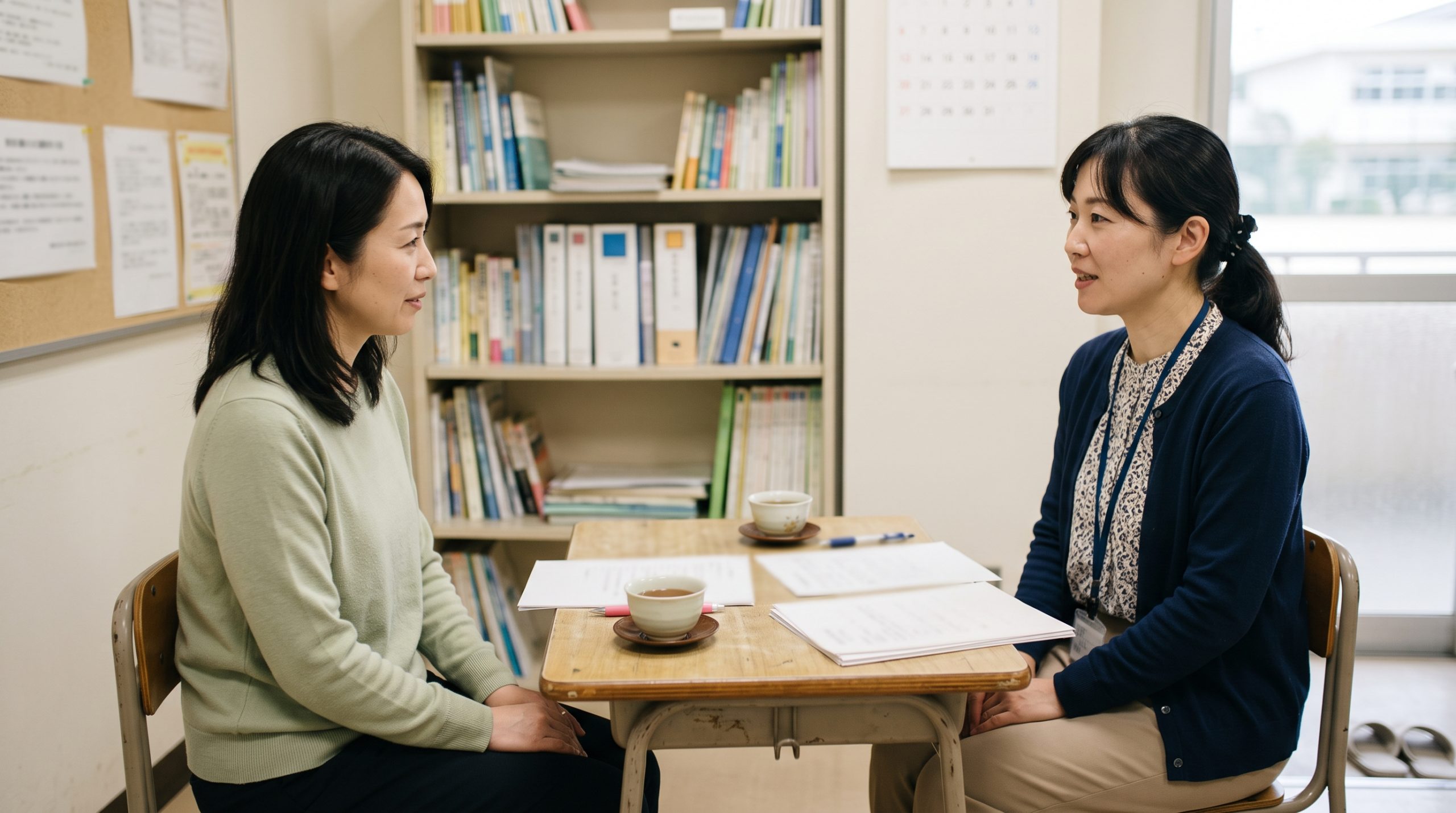 学校の相談室で、養護教諭と保護者が机をはさんで向かい合い、定期テストの受け方について話している場面。