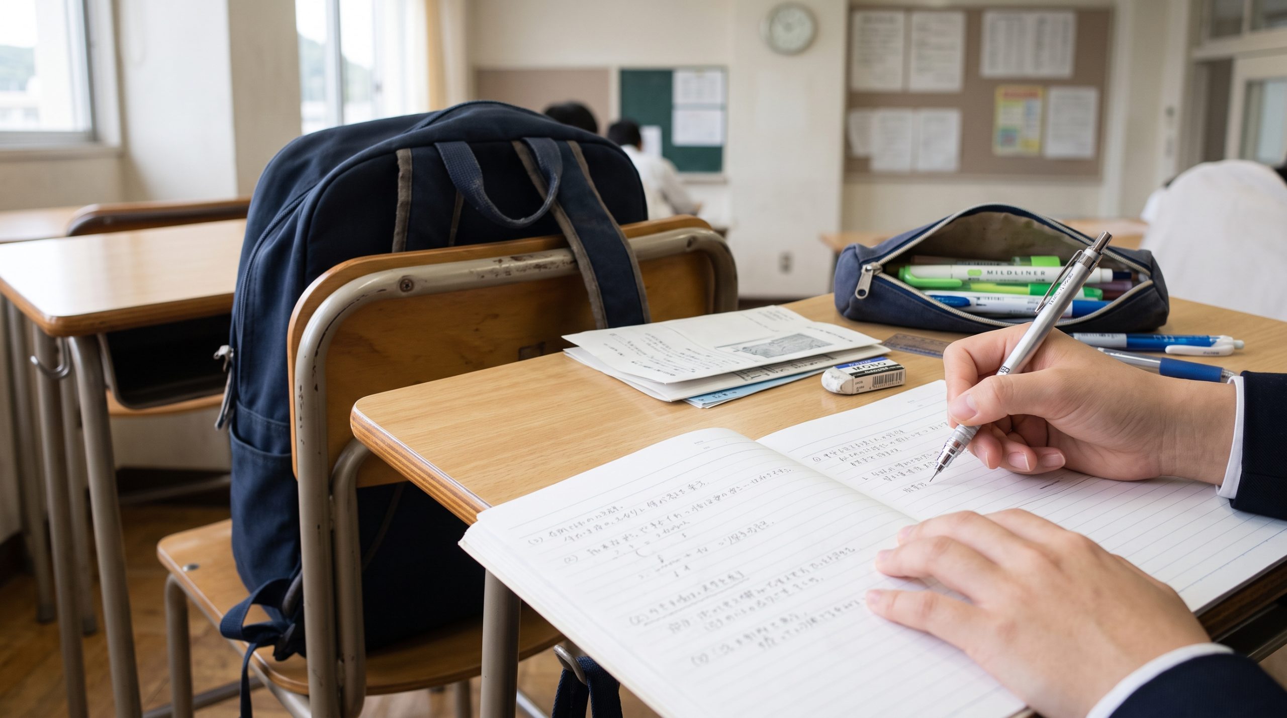机の上のノートと筆箱、シャープペンシルを持つ手元。学校からのプリントが数枚そばに置かれている。