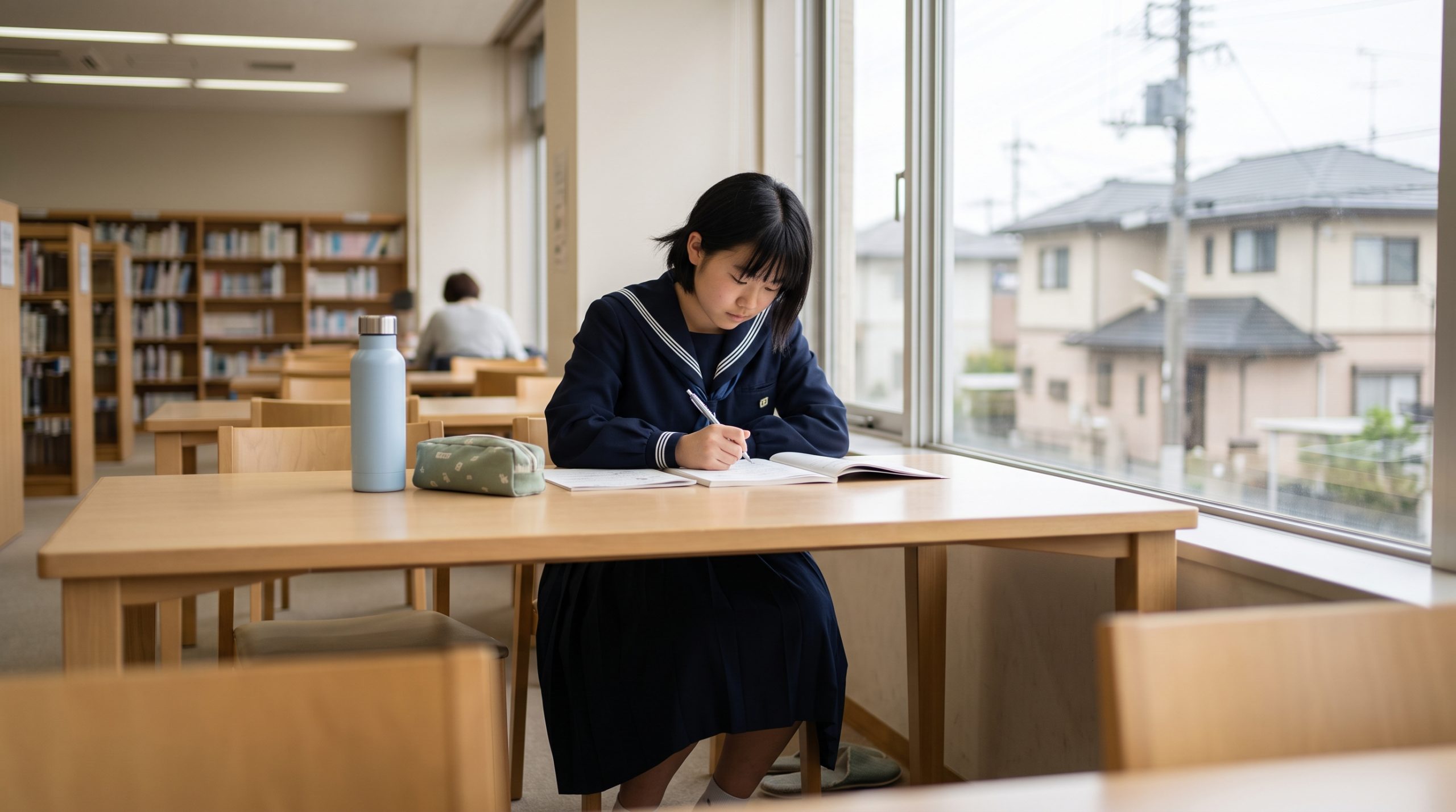 窓際の席で問題集を開き、鉛筆を持って静かに取り組む中学生の姿。窓の外には住宅街が見える。