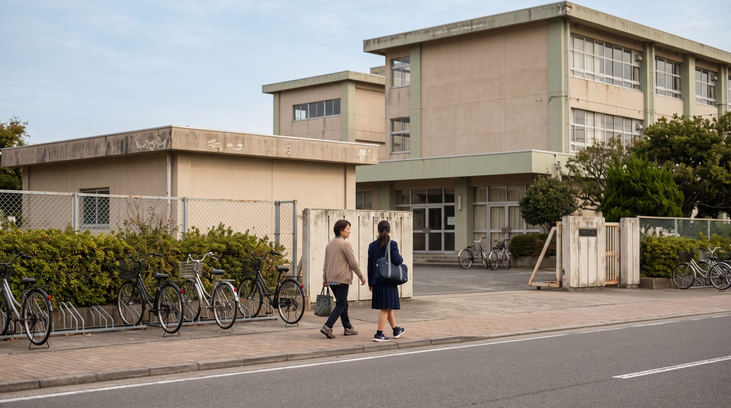 不登校でも定期テストは受けられる、午後の中学校の校門前。制服姿の生徒と保護者が並んで静かに歩いている様子。